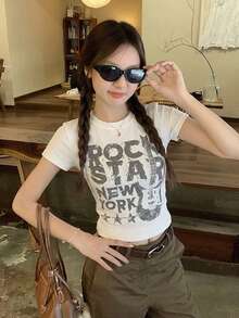 Printed Slim-Fit Versatile Short Sleeve T-Shirt Top For Women Casual White Summer - White - View 6