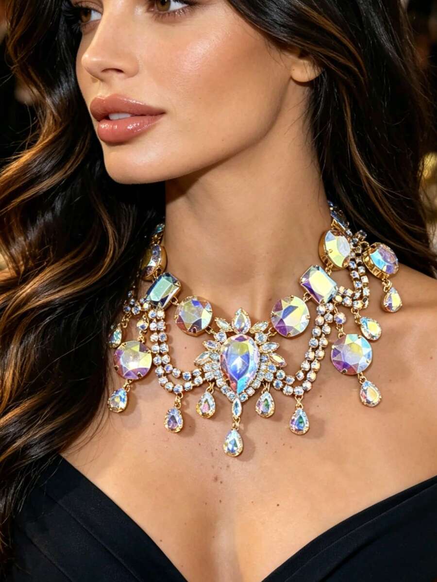 Multi-Layer Asymmetrical Rhinestone Necklace, Bridal Wedding Jewelry Necklace Accessory - Multicolor - View 1