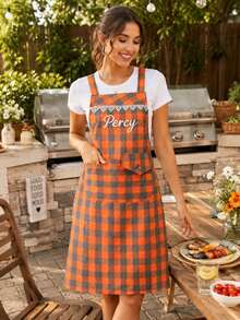 Vintage Plaid Apron With Adjustable Straps, Customizable Name Embroidery, Delicate Lace Collar, Double-Layer Pockets For Kitchen Utensils And Phone, Polyester Fabric Stain-Resistant Breathable Easy To Clean, Suitable For Baking, Coffee Shop Uniform Or Home Cooking - Orange Stripes - View 5