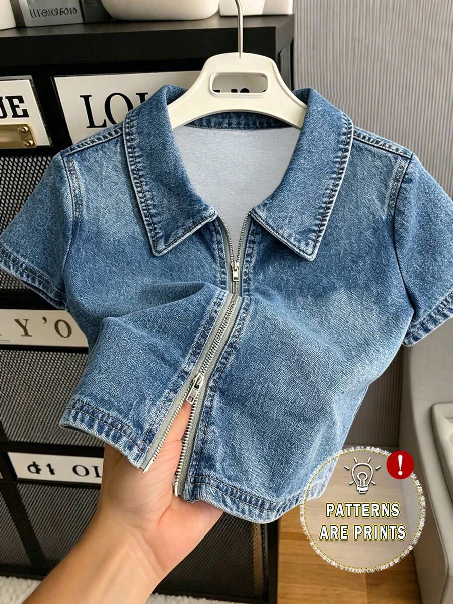 Blusa de manga corta con doble cremallera, de estilo minimalista y casual para el verano - Niebla azul 2 - Ver 1