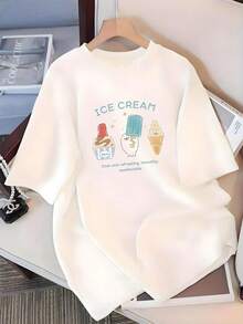 Camiseta de manga corta con estampado de letras de helado Y2K para mujer, nueva moda de verano, versátil, holgada, con cuello redondo, estilo Y2K. - Blanco - Ver 1
