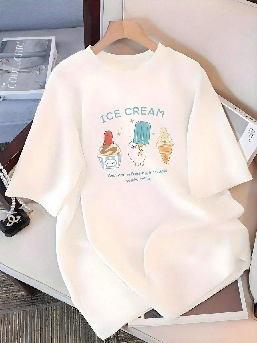 Camiseta de manga corta con estampado de letras de helado Y2K para mujer, nueva moda de verano, versátil, holgada, con cuello redondo, estilo Y2K. - Blanco - Ver 1