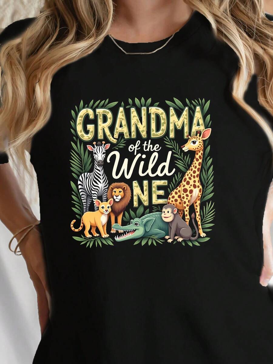 Wild Granny Print T-Shirt, Short Sleeve And Round Neck, Casual Top For Summer And Spring, Women's Clothing - 黑色 - 查看 1