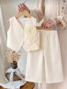 2pcs Baby Girls Elegant Floral Decor Sleeveless Top And Matching Straight Pants Set, Suitable For Party And Birthday Occasions, Summer - Apricot - View 1