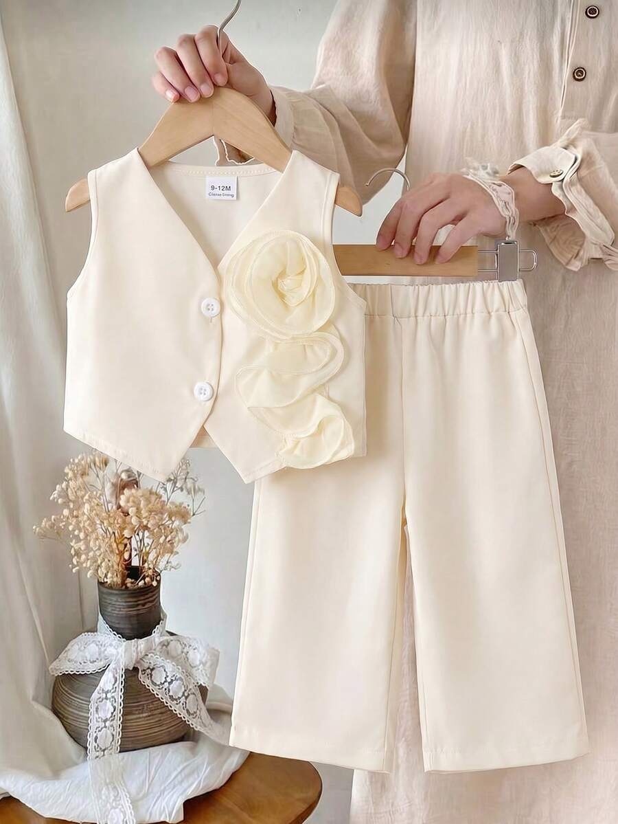 2pcs Baby Girls Elegant Floral Decor Sleeveless Top And Matching Straight Pants Set, Suitable For Party And Birthday Occasions, Summer - Apricot - View 1
