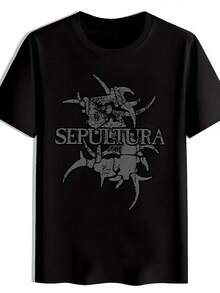Camiseta Gráfica de la Banda de Heavy Metal Sepultura para Hombres - Diseño de Calavera y Esqueleto, Camiseta Negra Casual para Todas las Estaciones, Cuello Redondo y Mangas Cortas, Ideal pa - Negro - Ver 1