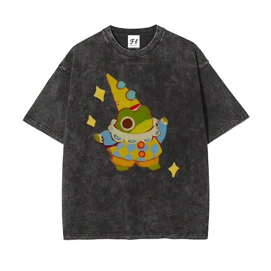 Men's Short-Sleeved Cotton T-Shirt, Crew Neck, Oversized Style - Retro Star Frog Cartoon Graphic Design, Vintage Wash, Stretchy, Soft And Comfortable Clothing - 黑色 - 查看 1