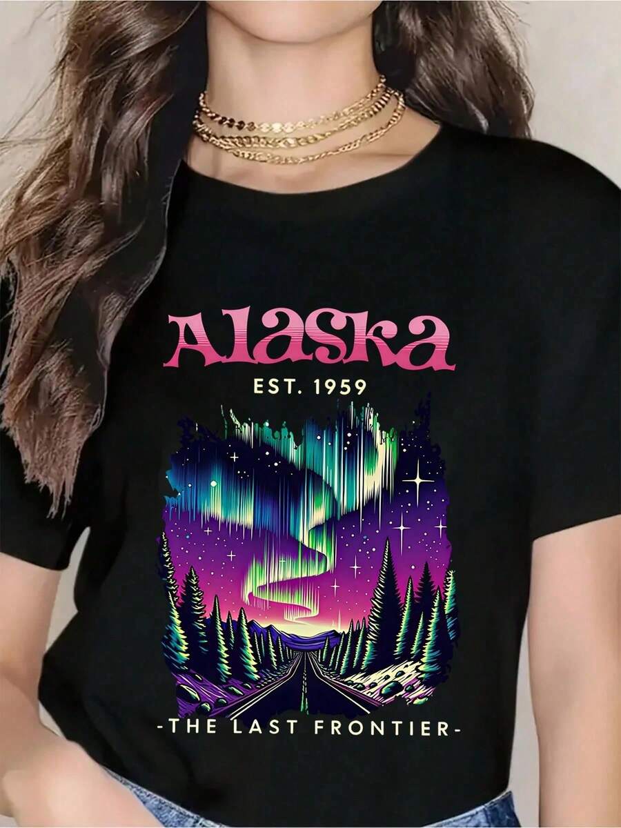 Oversized T-Shirt With Retro Design, Basic Round Neck, Youth Fashion, Vintage Style, Graphic Top - Black - View 1