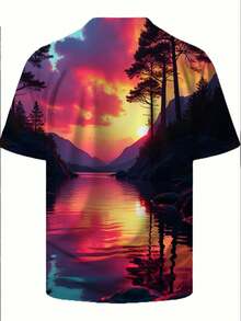 Camiseta Gráfica de Corte Holgado para Hombre con Diseño de Paisaje de Atardecer en un Río de Ensueño Simétrico - Impresión en Degradado Magenta-Cian-Naranja-Púrpura, Estilo de Arte Digital - Negro - Ver 3