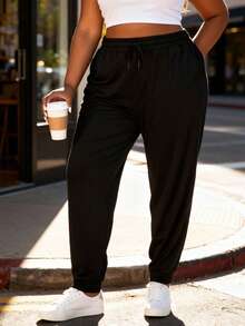 Plus Size Women's Casual Sweatpants With Pockets And Drawstring, Loose Fit, Black Color, Sporty Style Sports - Black - View 6