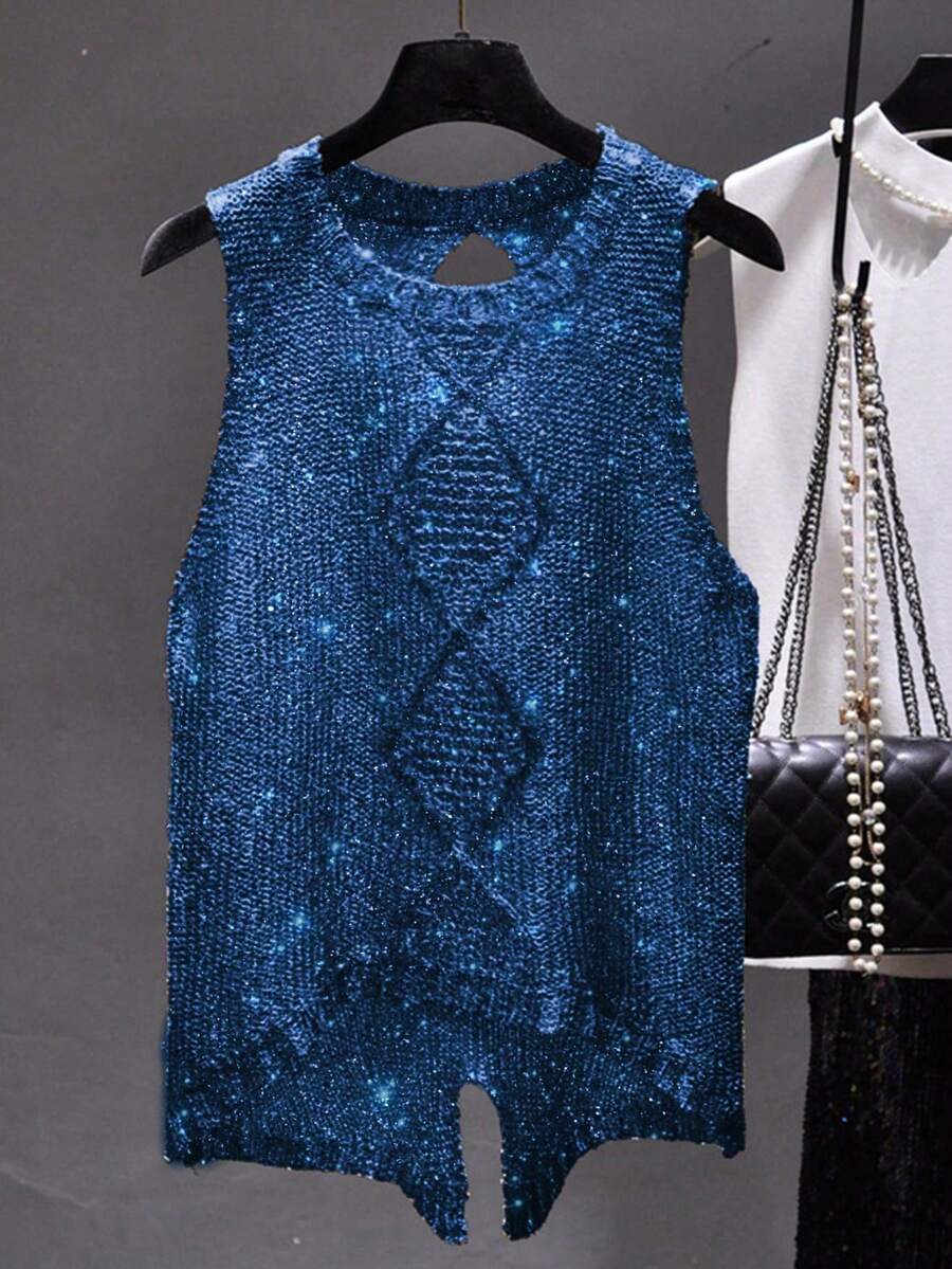 Camiseta de punto sin mangas para mujer, cuello redondo, diseño de bajo asimétrico, negro, verano - Azul 2 - Ver 1