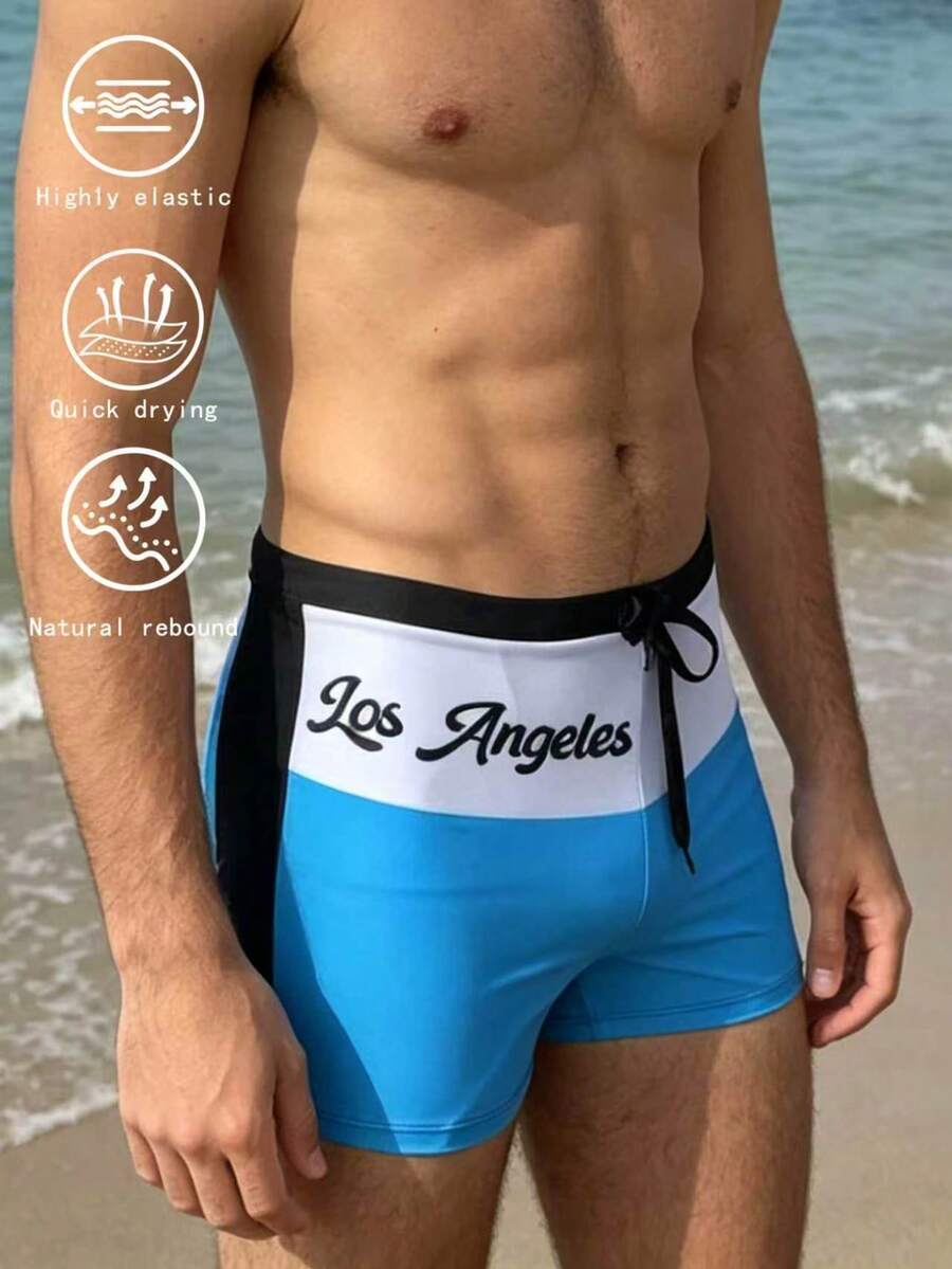 Men's New Front Printed Patchwork Solid Black Drawstring Waist Lined Square Leg Swim Trunks Fashion Casual Beach Vacation Hot Spring Water Play Swimwear - Multicolor - View 1