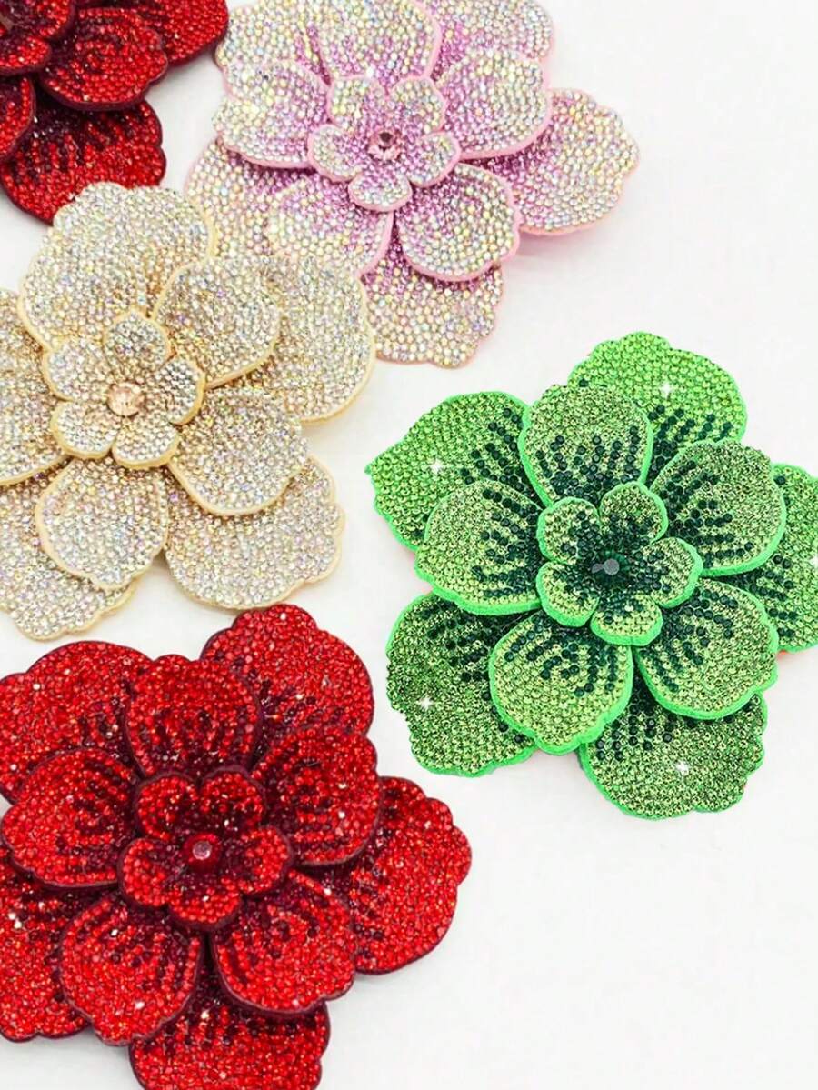 1 buah Patch Bunga Manik-Manik & Payet Warna-warni Buatan Tangan, Dekorasi DIY untuk Pakaian, Topi, Tas, Sepatu - Bunga tiga dimensi berlapis tiga dengan lima kelopak. - View 1