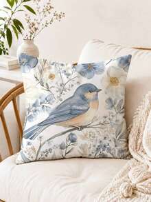 1pc Cute Watercolor Floral Redbreast Bird Decorative Pillow Cover, Single-Sided Printed Peach Velvet Material, 45*45/40*40/50*50CM Cushion Cover For Modern Fabric Sofa Indoor Decor, Party Decoration - Multicolor - View 1