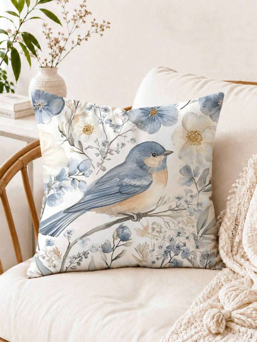 1pc Cute Watercolor Floral Redbreast Bird Decorative Pillow Cover, Single-Sided Printed Peach Velvet Material, 45*45/40*40/50*50CM Cushion Cover For Modern Fabric Sofa Indoor Decor, Party Decoration - Multicolor - View 1