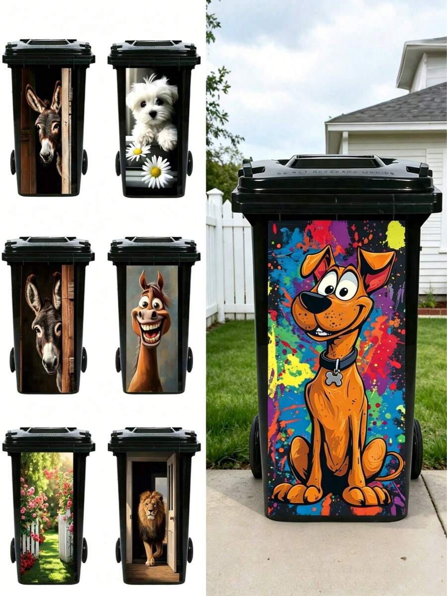 1 pieza Pegatina creativa para cubo de basura, patrón de perro, burro, caballo y león de dibujos animados coloridos, diseño de camino de jardín, pegatina de animal divertida, adecuada para cubos de basura interiores y exteriores, decoración del hogar, cocina y baño - 31*70 cm - Ver 1