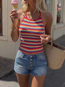 Y2K Summer Rainbow Striped Print Camisole Top, Fitted Striped Tank Top, Women's Sexy Bodysuit Top, Sexy Summer Top, Ribbed Top, Winter Layering Casual - Multicolor - View 7