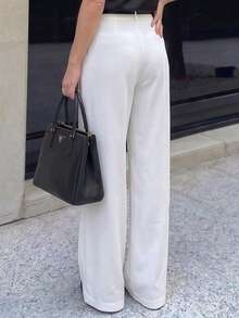1pc Women's Solid Color High Waist Straight Leg Wide Leg Pants (Belt Not Included), Solid Color Pockets, Solid Color Long Straight Leg Pants, Single Item, Suitable For Office, Vacation, Daily Wear, All Seasons - White - View 5