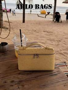 Sac à main mini jaune à la mode en forme de boîte avec poignée fine et double fermeture éclair métallique, sac bandoulière élégant pour le maquillage, parfait pour les jeunes femmes et les passionnées de rendez-vous, idéal pour les rendez-vous café, les événements de mariage, les achats du week-end et les promenades de loisirs en ville - Jaune citron - Voir 5