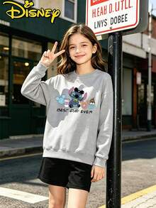Teen Girl Clothes Disney Lilo And Stitch Castle Mickey Balloon Print Loose Fit Crewneck Sweatshirt - 灰色 - 查看 3