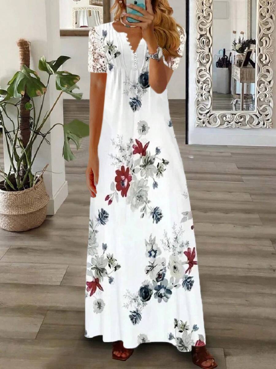 Women's Long Lace Dress, European And American Style, New For Spring And Summer. - Coffee - View 1