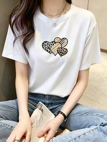 2026 Maija2026 MaijaWomen's T-Shirt With Leopard, Stripes And Hearts Print, Soft And Breathable Fabric, Loose Fit, Ideal For All Body Types, For Summer, Daily Use, Sport - 白色 - 查看 1