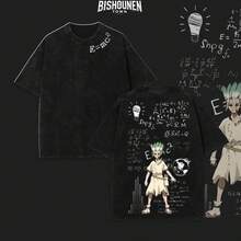 Camiseta Dr. Stone Ishigami Senku con Lavado Vintage, Estilo Oversized Streetwear para Verano, Cuello Redondo con Gráficos de Anime, Inspirada en la Temporada 4 de New World, Ropa Masculina - Negro - Ver 1