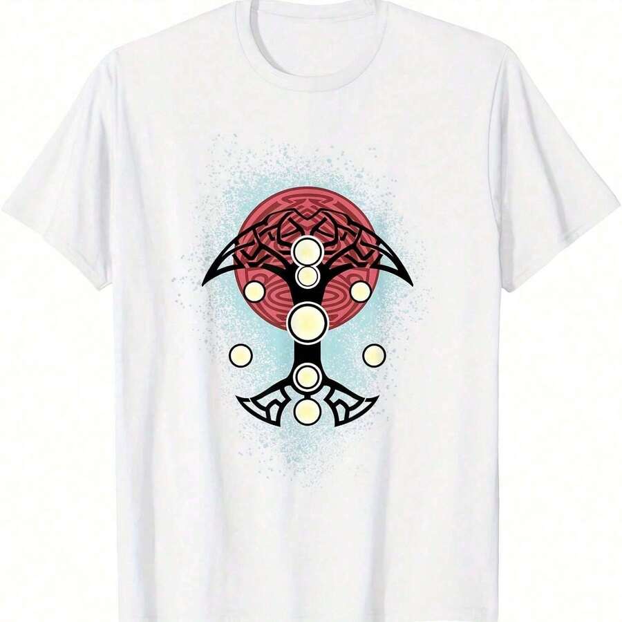 Oversized T-Shirt With Spiritual Geometric Emblem Design, Basic Round Neck, Casual Urban Style, Streetwear Fashion, Alternative Aesthetic, Retro Girl - 白色 - 查看 1