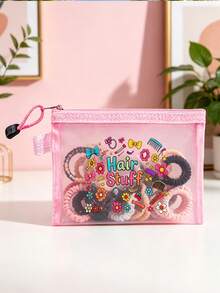 Cute Hair Stuff Cartoon Print Mesh Storage Bag, 6 Colors & Multiple Styles Available, Transparent Mesh Design For Easy Visibility Of Hair Ties, Hair Clips, Combs, Bangs Stickers And Other Hair Accessories, No Need To Search,Back To School - Multicolor - View 5