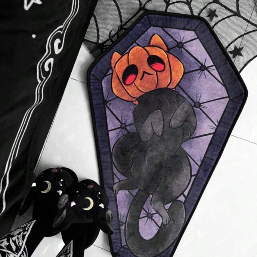 1pc Halloween Pumpkin Cat Rug, Dark Style Fluffy Plush Carpet, Gothic Living Room Bedroom Bedside Rug, Decorative Rug, Bedroom Decor, Small Rug, Carpet, Home Decor, Living Room Rug, Living Room Small Rug, Bedroom Rug, Living Room Home Decor, Outdoor Rug, Washable Rug - Black and White - View 1