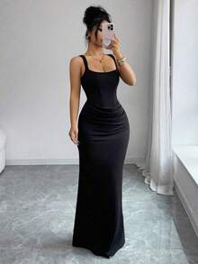 Nuevo vestido de verano sexy, vestido negro ajustado con cuello cuadrado francés, ribete con falso boning, silueta de sirena, detalle de dra - Albaricoque - Ver 7