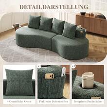 Linen Sofa With 4 Cushions, High Density Foam + Springs, Cup Holder & Side Pockets – Unique Design, - 綠色四座 - 查看 10