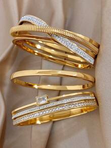 1Pc/3pcs Golden Luxury Zirconia Geometric Bangle Bracelet For Women,Stainless Steel Set,Daily/Beach Boho/Party/Wedding,Mom Gift,Valentine Birthday - Multicolor - View 1