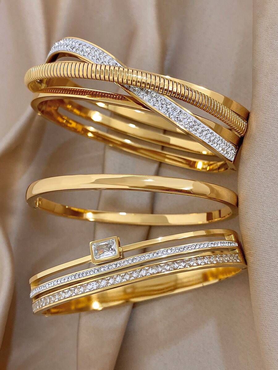 1Pc/3pcs Golden Luxury Zirconia Geometric Bangle Bracelet For Women,Stainless Steel Set,Daily/Beach Boho/Party/Wedding,Mom Gift,Valentine Birthday - Multicolor - View 1