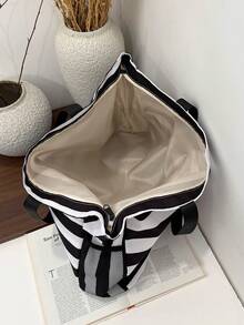 Bolso de lona de gran capacidad para mujer, bolso de hombro a rayas para ir al trabajo y hacer compras - Negro - Ver 8