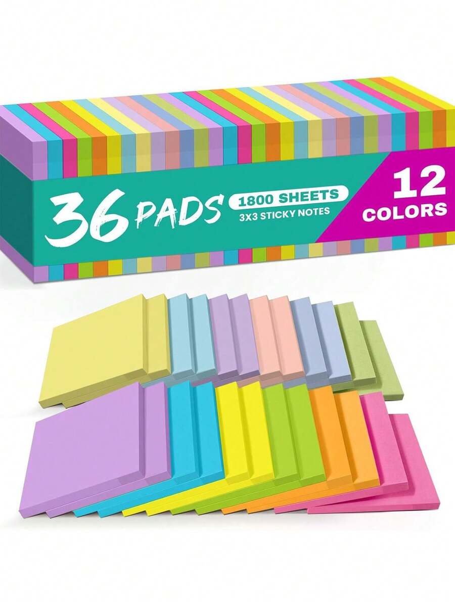 36 Books 1800 Pages 3x3 Inch Index Sticky Notes, Back To School Gift, 12 Vibrant Neon Colors Square Tear-Resistant Thick Paper Self-Adhesive Note Pads, Efficient Note-Taking And Organizing, Suitable For Students, Office, Daily Tasks, Meetings, Classroom Rewards And School Supplies, Back To School Gift, Teacher Gift (6/36 Books) - Color - View 1