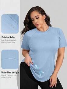 Plus Size Women Casual Sports T-Shirt, Round Neck, Curved Hem, Raglan Sleeve, Suitable For Summer Daily Wear - Blue - View 12