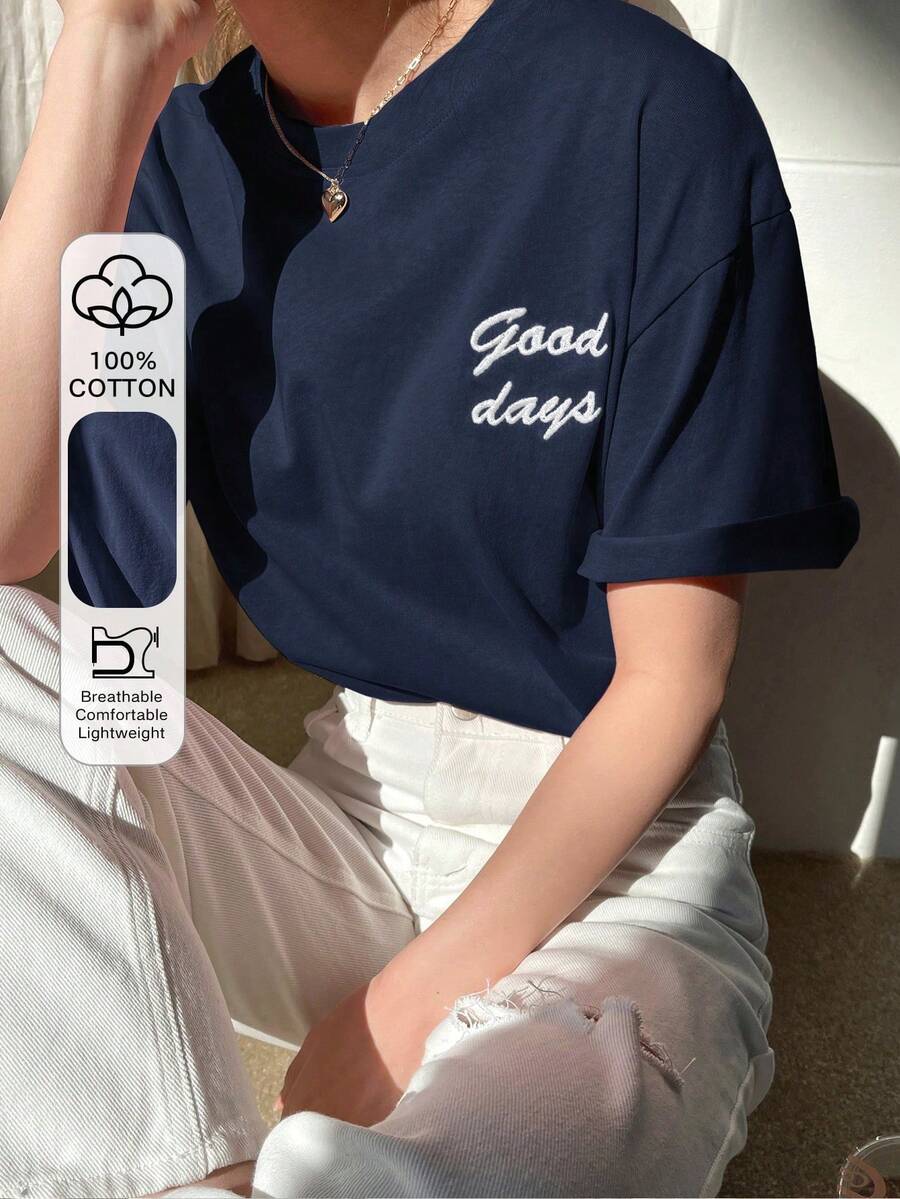 Off-The-Shoulder T-Shirt With Embroidered Lettering, Preppy Summer Style - Navy Blue - View 1
