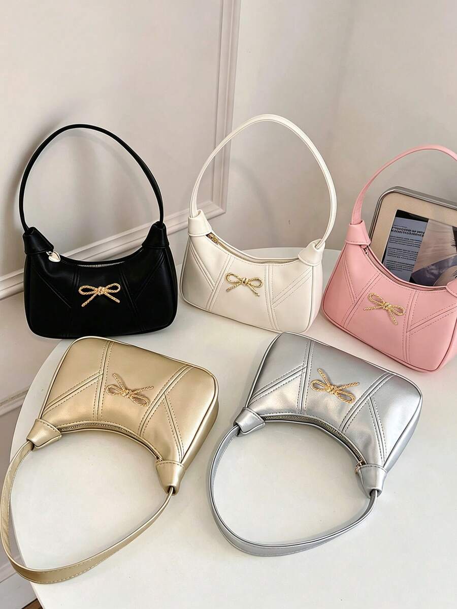 Sweet Metal Bow Underarm Bag, New Macaron Color Handbag/Shoulder Bag For Girls, Niche Minimalist Crescent Bag, Suitable For Daily Use - A - View 1