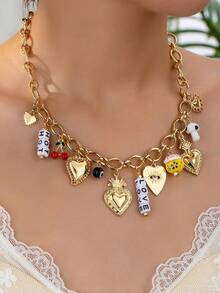 pieza de collar con dije de corazóy lazo de cerámica para mujer, collar de cuentas de perlas sintéticas con dijes, collares con dijes (cerámica hecha mano, el color, la forma y el patr - Oro - Ver 5