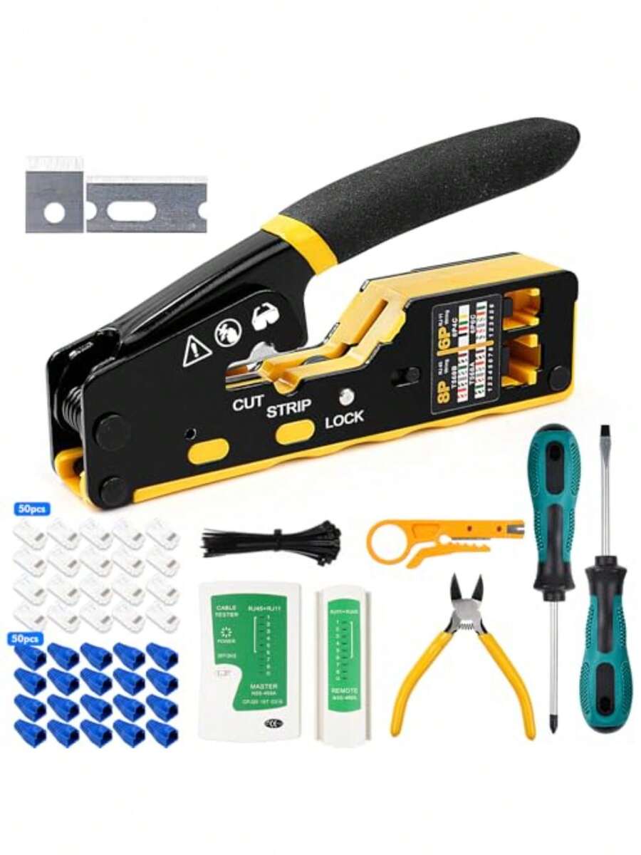 Jadeshay - 157pcs RJ45 Crimp Herramientas Kit Cortador de Alambre Ethernet Crimper de Red Herramienta de Aleta de Desmontaje Multifunción del Mango Ergonómico del Probador de Cable para Cat5 5E 6 6A - como en la imagen - Ver 1