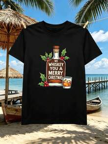 T-shirt hom me humoristique de Noël sur le thème du whisky, 100% coton, coupe décontractée, respirant, style décontracté, graphisme accrocheur. - Noir - Voir 1