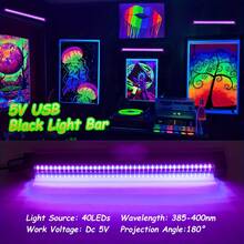 2 Packs Upgraded Black Light Bar, LED Blacklight Tube With 40 UV LED Beads, 3 Lighting Modes 100%/50%/Flashing, USB Plug UV Light For Halloween Christmas Birthday Fluorescent Glow Party Decor - Purple - View 2