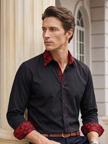 1pc Red And Black Long Sleeve Shirt For Men - Black - View 1