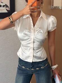 Women White Satin Ruched Blouse, Short Sleeve Collared V Neck Button Front Slim Fit Shirt, Elegant Office Casual 2026 Summer Top - Champagne - View 6