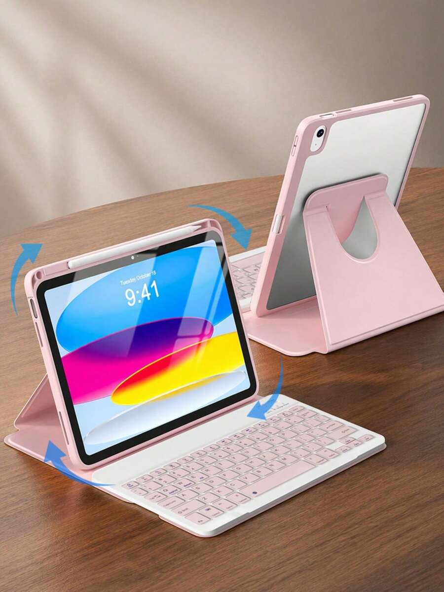 360°旋轉鍵盤保護殼，相容 iPad 11 吋 (A16) 2025 與第 10/9/8/7 代：可拆卸式磁吸無線鍵盤，適用於 iPad Air 3/4/5/6/7/8，多角度支架附筆槽－粉紅色