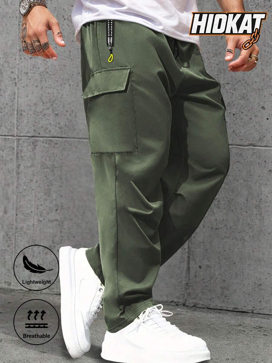 Pantalones de senderismo para hombres de primavera y otoño con bolsillos con cremallera y cordón, pantalones rectos casuales para correr con destacado acento neón