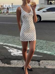 ARA CHIC Vestido Mini Blanco con Lunares, Cuello en V, Cordón Ajustable, Sin Mangas, Vestido Ajustado de Verano para Vacaciones, Playa, Brunch, Cita, Salida y Fiesta - Blanco - Ver 6