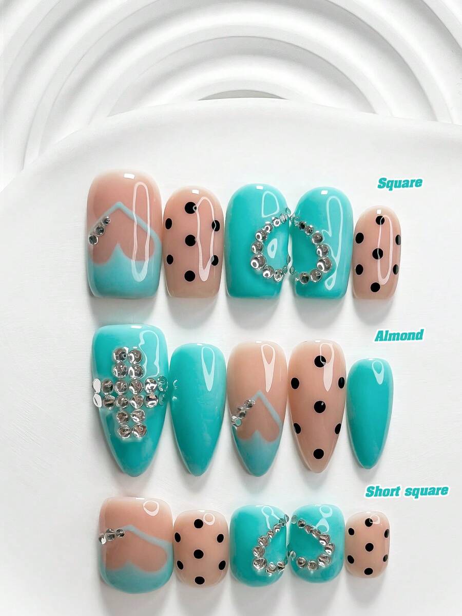 10pcs Avant-Garde Handmade Press-On Nails, Polygel Nail Art Set, Polka Dot, Heart & Rhinestone Embellishments, Blue Green Black Color Scheme, Fashion Style, Includes Nail Tools, 3 Sizes Available, Square, Short Square, Almond Shape, Suitable For Party, Dancing, Daily Wear - Multicolor - View 1