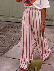Women's Summer Pink Striped Wide Leg Pants, Elastic Waist Casual Loose Beach Pants, Bohemian Vacation Outfit Pink Vertical Stripe Straight Leg Pants, Loose Fit - Pink - View 1